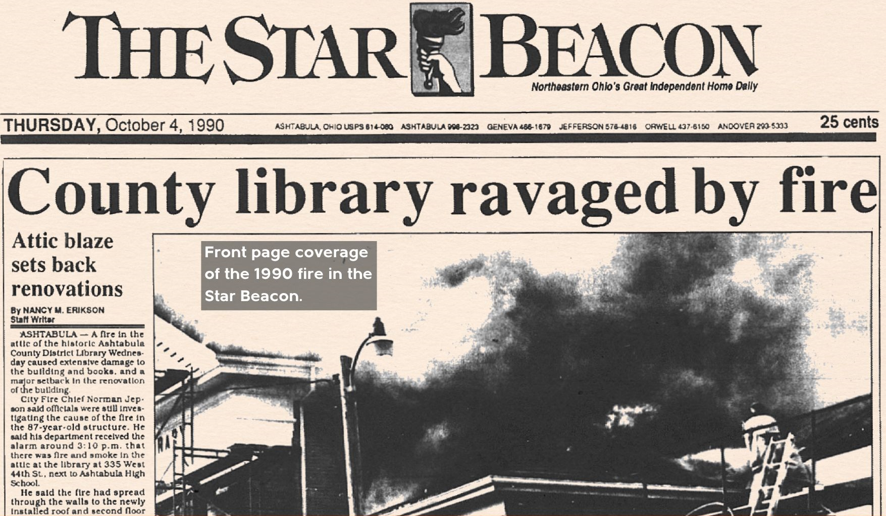 Front page coverage of the Ashtabula Library fire in the Star Beacon of October 4, 1990..