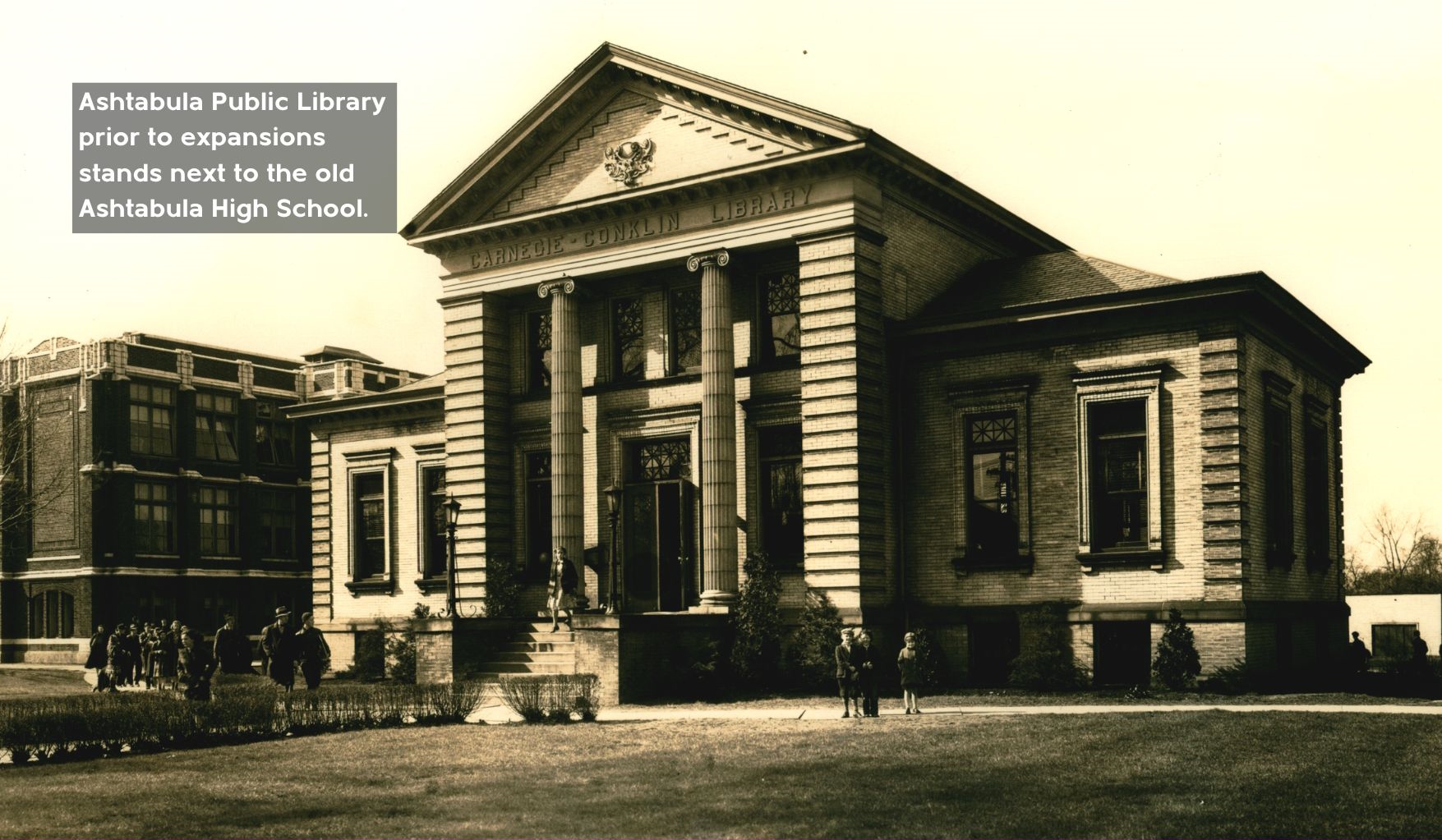 Ashtabula Public Library prior to expansions stands next to the old Ashtabula High School.