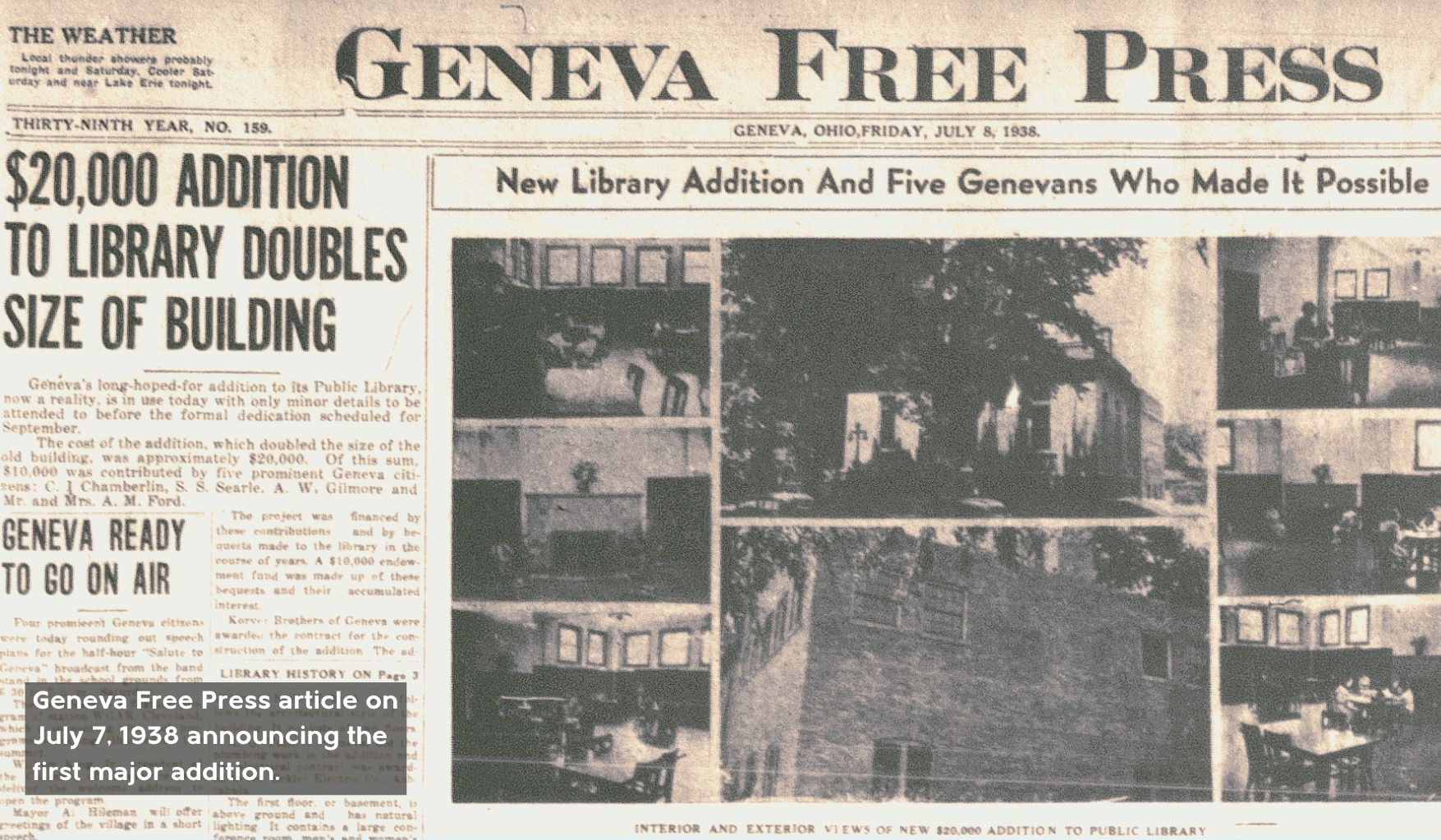 Image of Geneva Free Press article on July 7, 1938 announcing the first major addition to the Geneva Library.