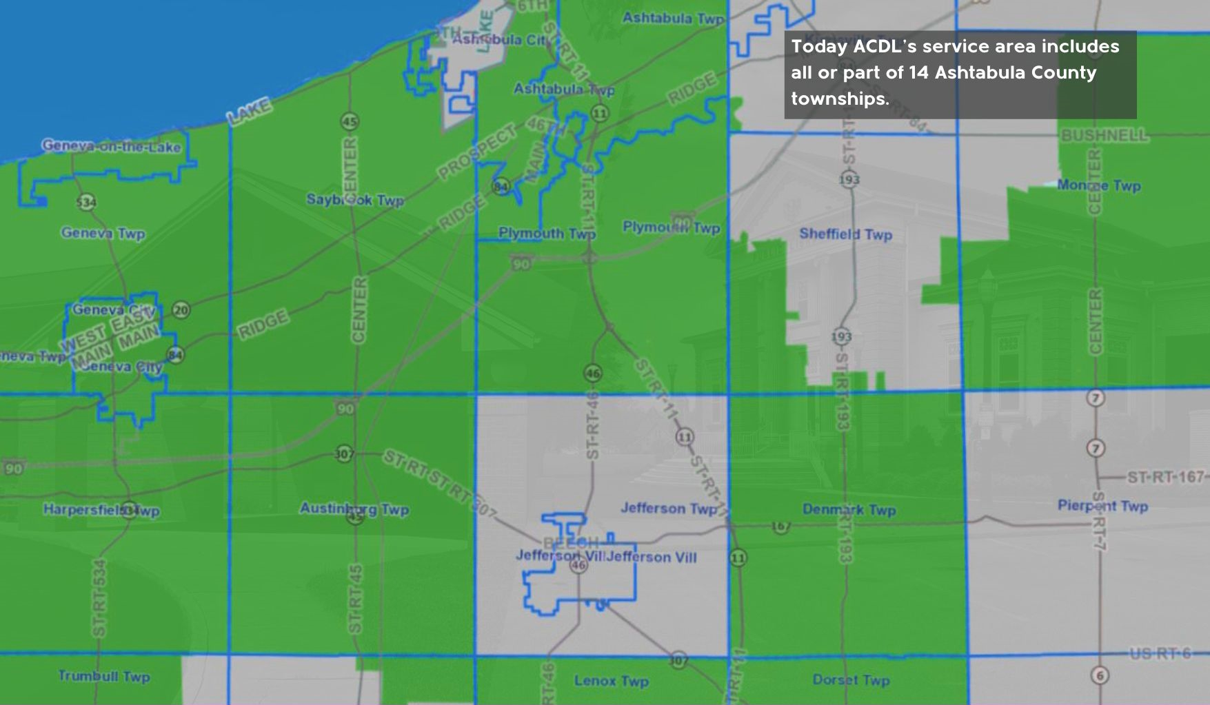 Map showing a portion of ACDL's service area includes all or part of 14 townships.