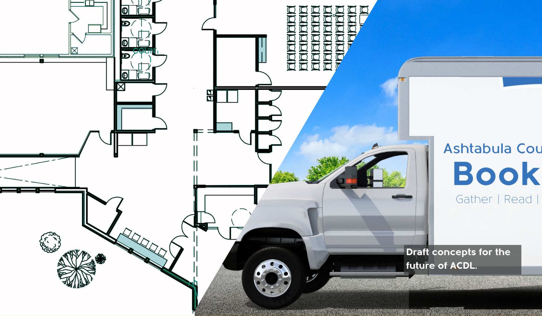 An image showing a small piece of a draft new floorplan and a mockup of a new bookmobile.