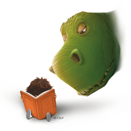 T-Rex reading over a child's shoulder.