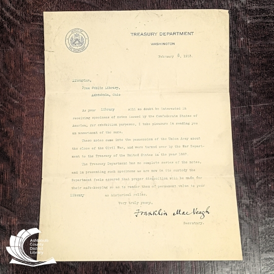 A photo of a letter from the Treasury Department circa 1913