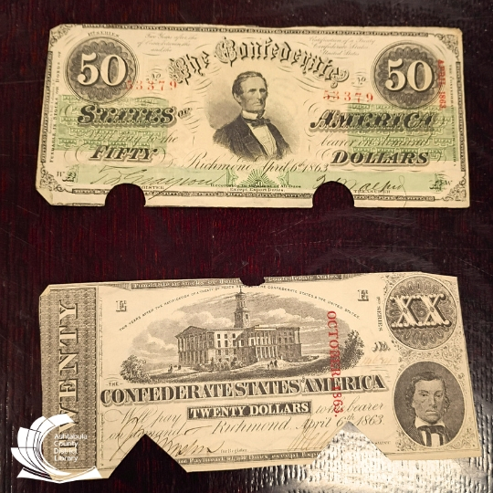 Two Confederate Notes: 50 and 20 dollar bills