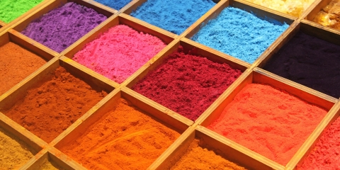Array of dry pigment in boxes