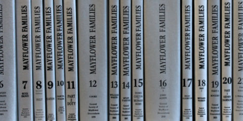bookcase of silver Mayflower books