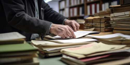 hands searching through stacks of files