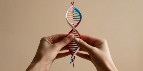 hands holding a plastic model of a DNA strand